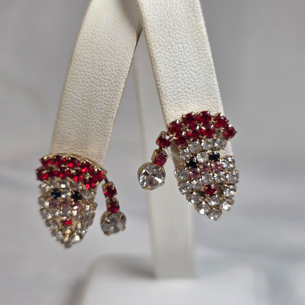 Vintage Santa Claus Rhinestone Earrings Christmas Holiday Costume Jewelry Studs
